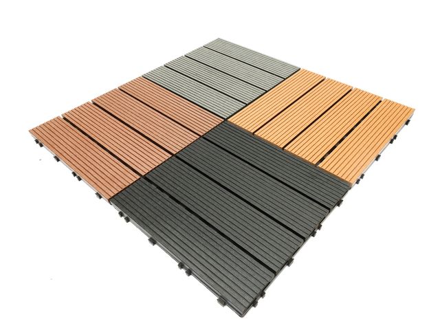 Interlocking deck tiles in mixed colours laid in a checker pattern