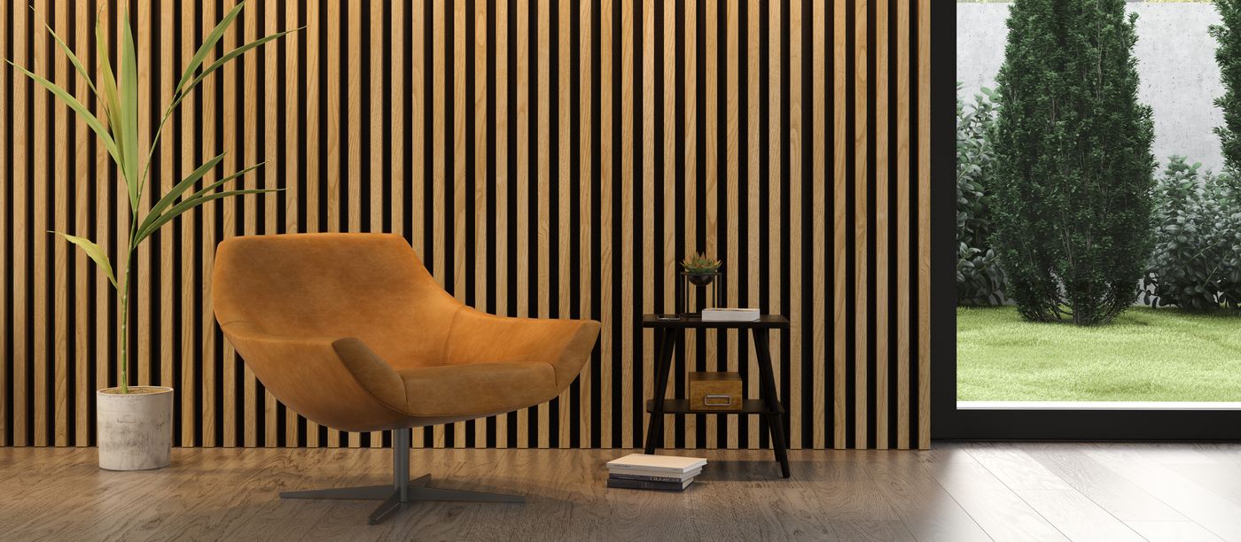 Living room with a floor-to-ceiling wood slat feature wall