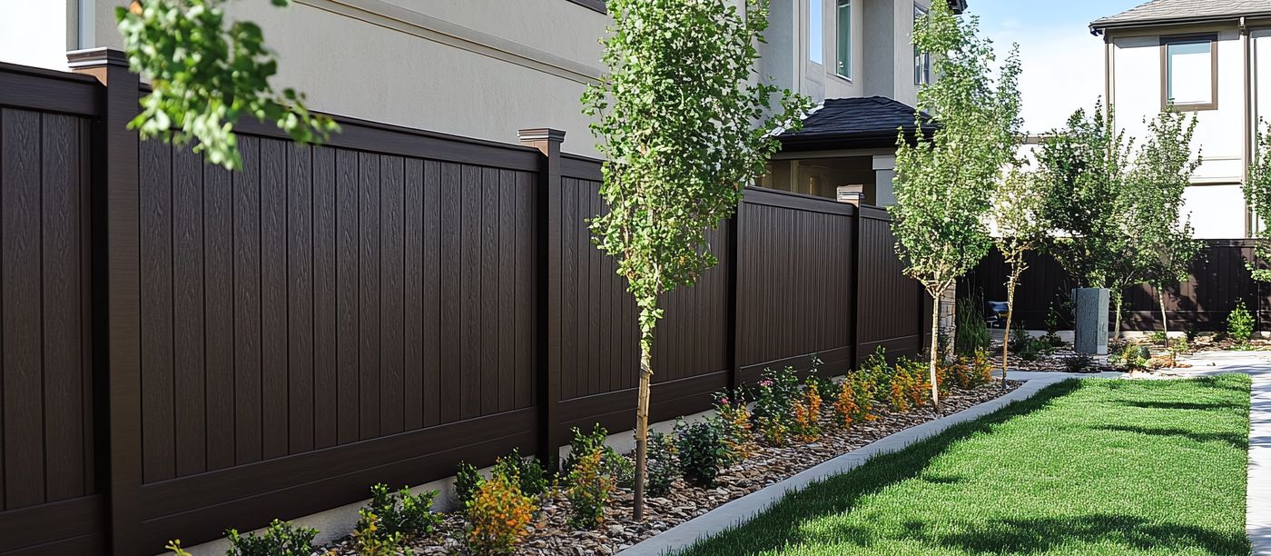 Long run of dark walnut composite fencing beside a new landscaped yard