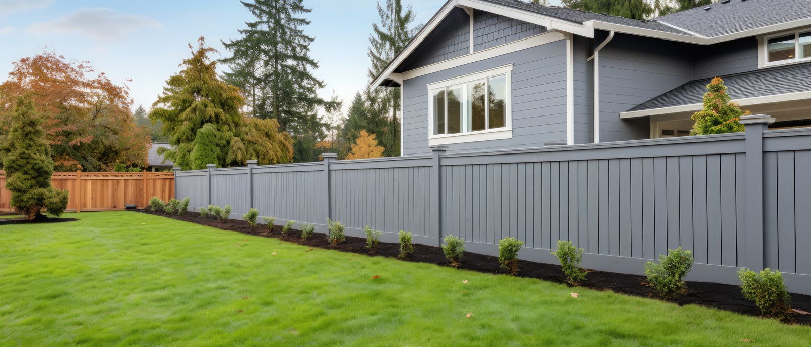 Grey craftsman house with a new composite privacy fence and landscaped lawn